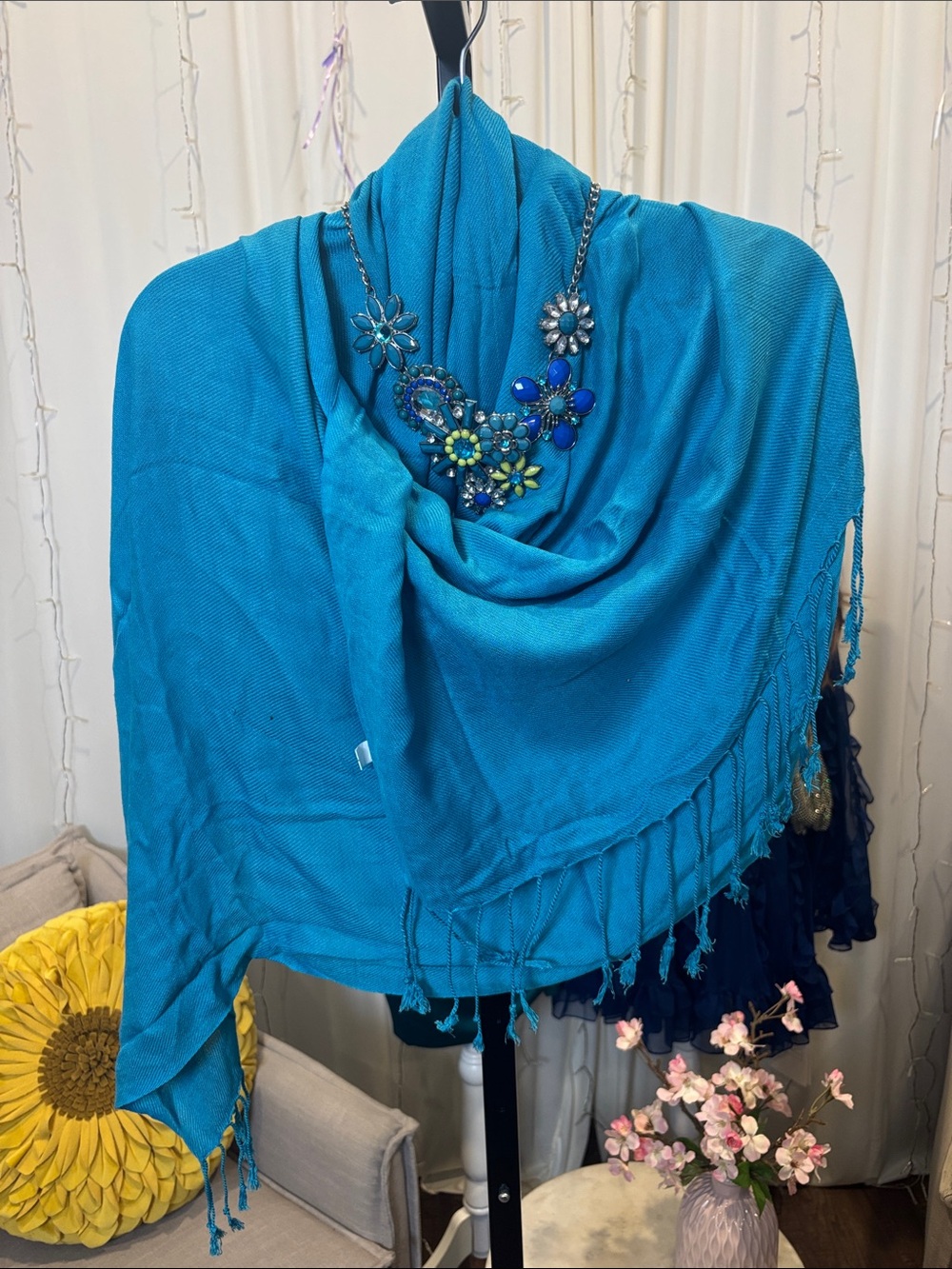 Turquoise Fringe Shawl with Statement Necklace